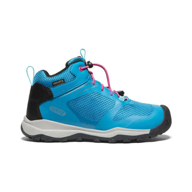 Keen's Wanduro Waterproof Boot in Fjord Blue with fuchsia pull laces. Side View.