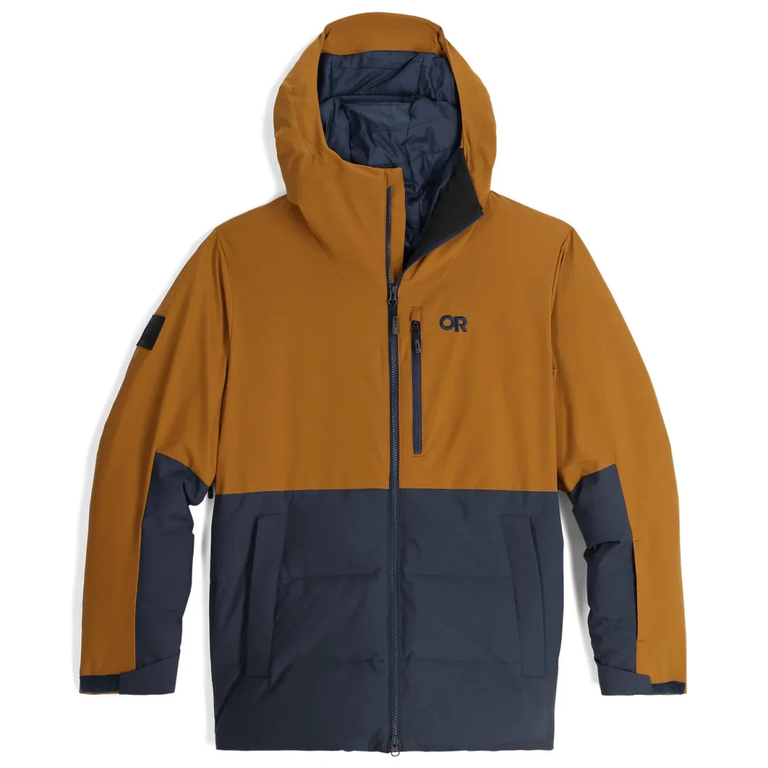 Outdoor Research Men's Snowcrew Down Jacket in Bronze and Naval Blue block coloring with OR logo and a vertical zipper on the upper left side of the jacket. Flat View.