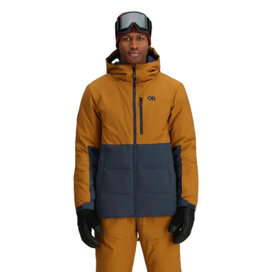 Outdoor Research Men's Snowcrew Down Jacket in  Bronze and Naval Blue block coloring with OR logo and a vertical zipper on the upper left side of the jacket. Front View.