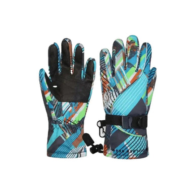 Boulder Gear Mogul II Gloves in Cool Slater. Teal, red, green, black, and white geometric pattern.