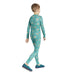 LL Bean Kid's Organic Cotton Fitted Pajamas shown in the Blue-Green S'mores, back view on model.