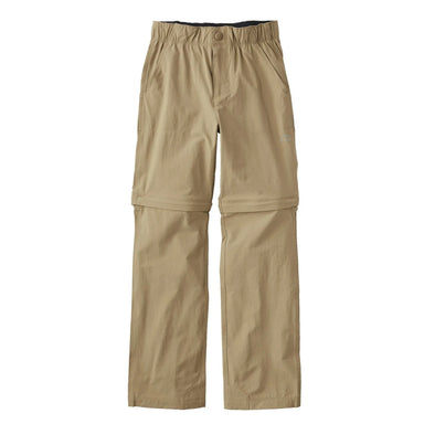 LL Bean Kid's Cresta Hiking Zip-Off Pants shown in the Dark Driftwood color option, front view as pants.