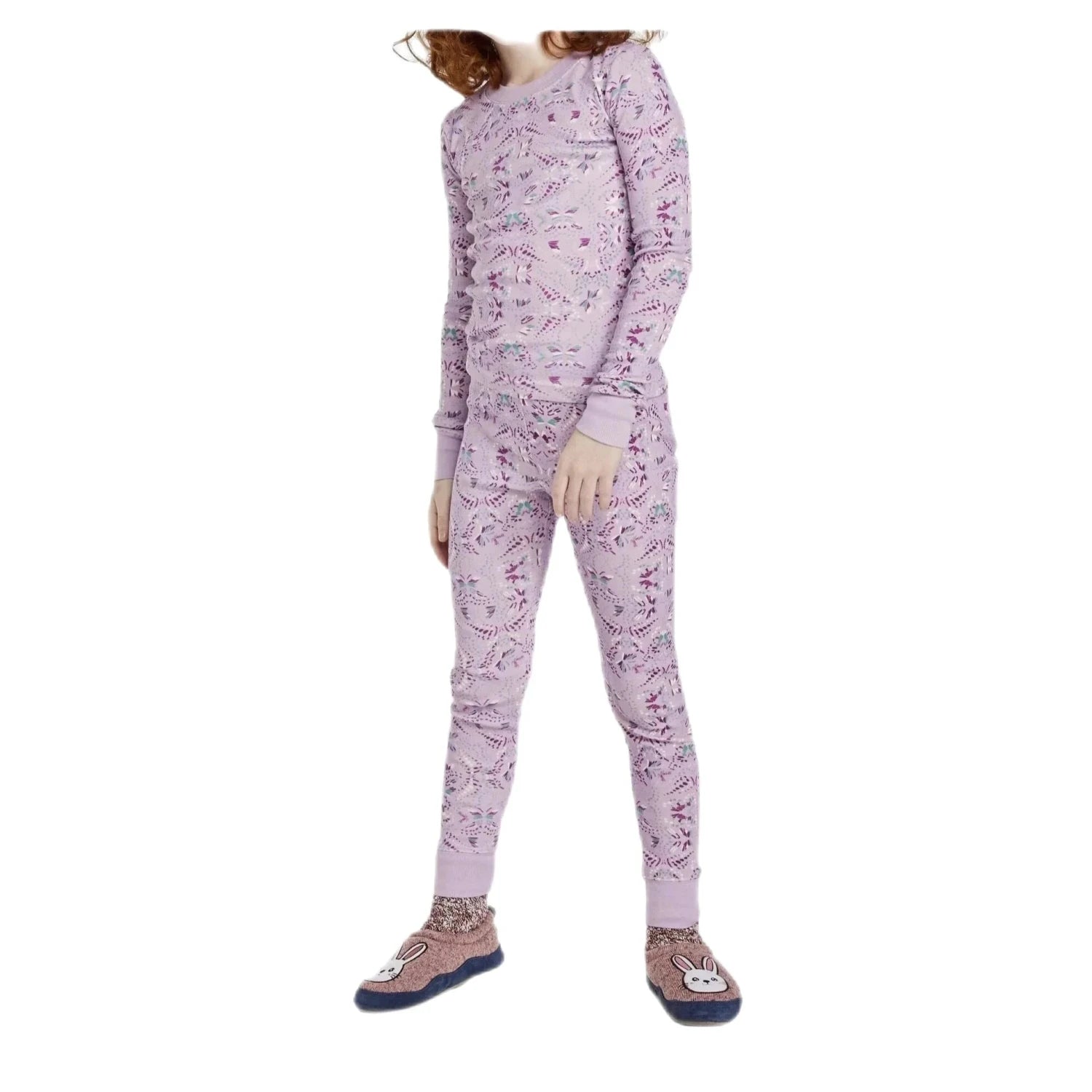 LL Bean Kid's Organic Cotton Fitted Pajamas shown in the Lavender Ice Butterfly, front view, on model