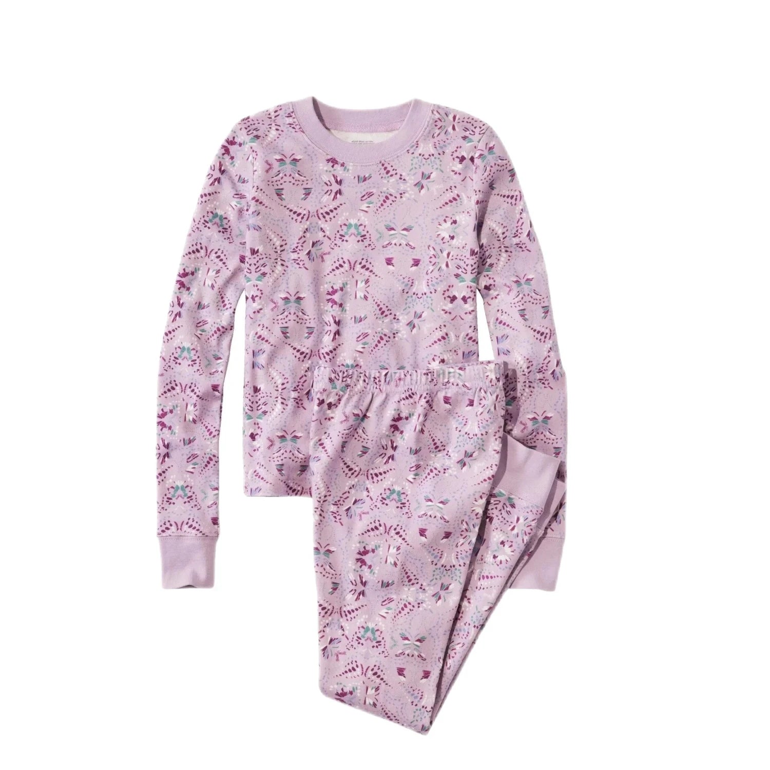 LL Bean Kid's Organic Cotton Fitted Pajamas shown in the Lavender Ice Butterfly, front view.