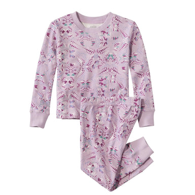 LL Bean Toddler's Organic Cotton Fitted Pajamas shown in the Lavender Ice Butterfly print. Front view.