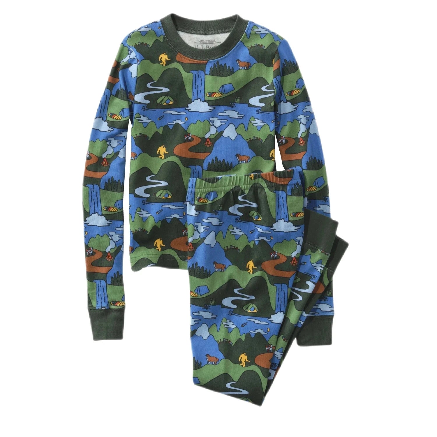 LL Bean Kid's Organic Cotton Fitted Pajamas shown in the Deep Green Landscape, front view.
