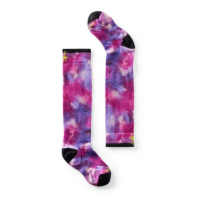 Smartwool Kids over the calf ski socks in shade of pink and purple tie dye.