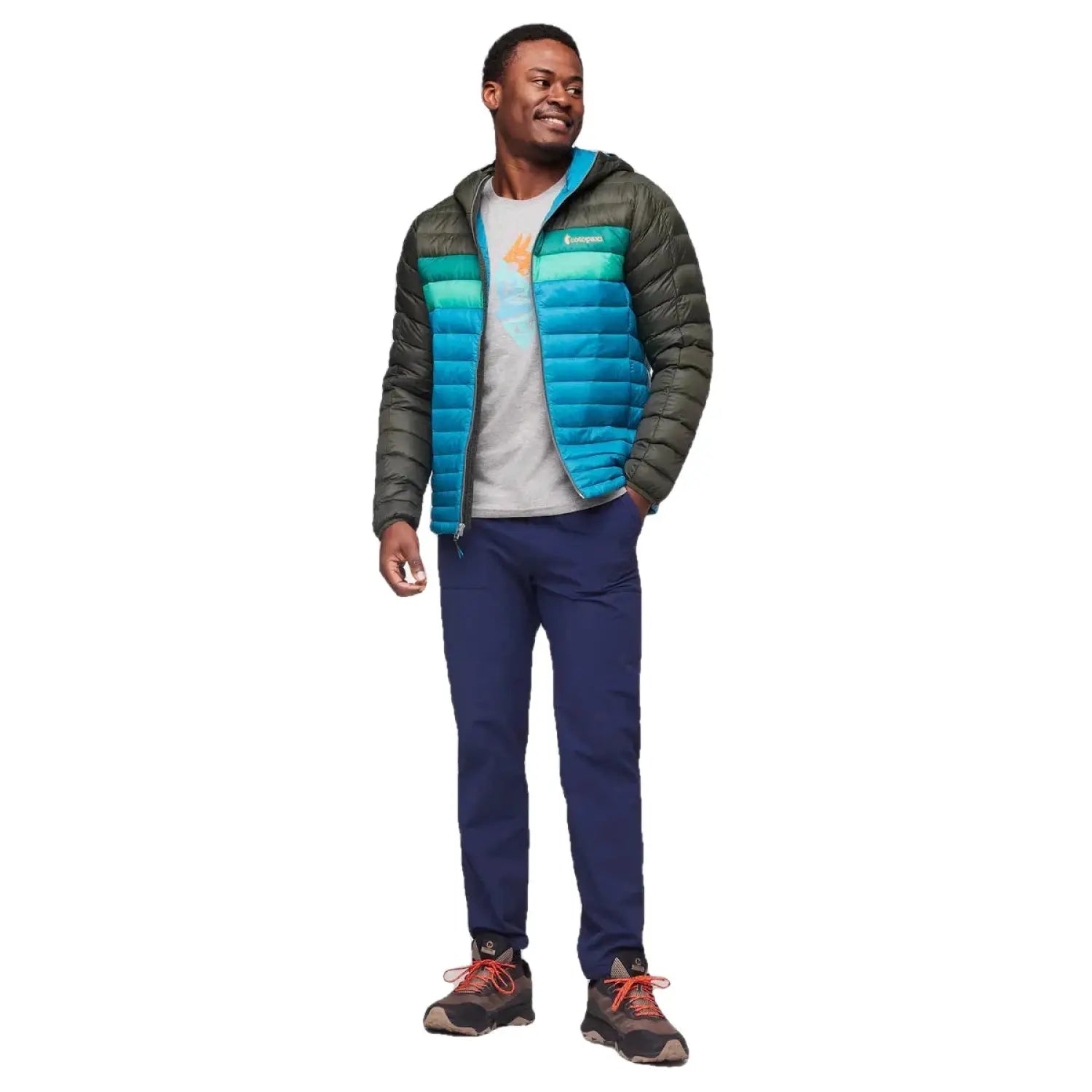 Cotopaxi M's Fuego Hooded Down Jacket, Woods Gulf, front view on model jacket unzipped 