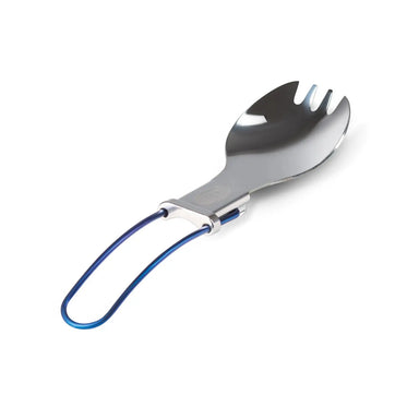 GSI Outdoors Glacier Folding Spork shown in open position in Blue color option.