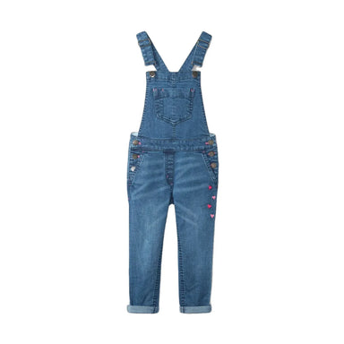 Hatley Girls Denim Stretch Classic Overalls, deep blue, front view. Pink hearts on left thigh.