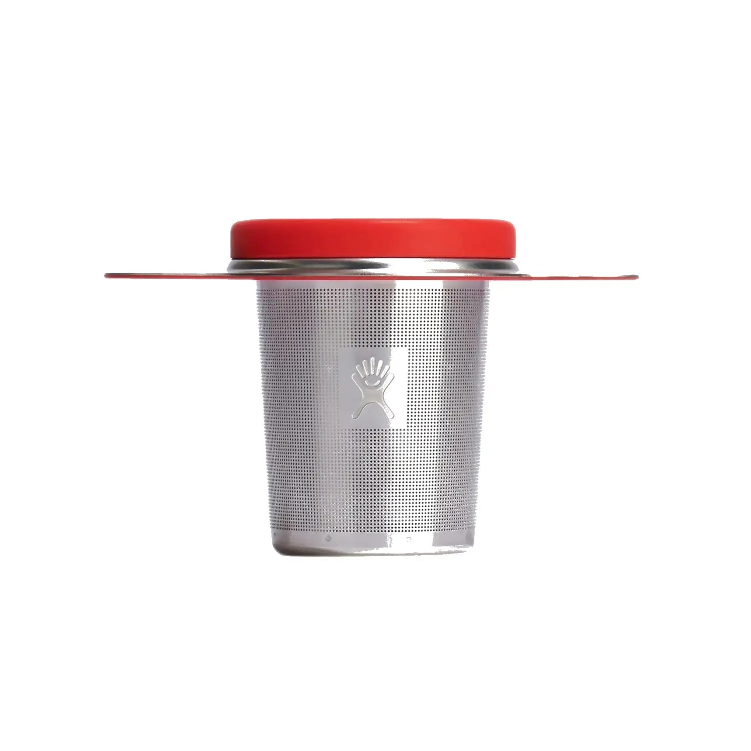 Hydro Flask Tea Infuser stainless steel with red cap - front view.