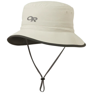 Outdoor Research® Sun Bucket Hat shown in the Sand/Dark Grey color option. Front view.