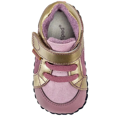 Pediped Originals® Dani Dusty Rose color, top view shown. Purple shoes with gold trim.