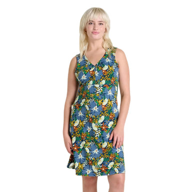 Toad&Co W's Rosemarie Sleeveless Dress, Midnight Floral Print, front view on model