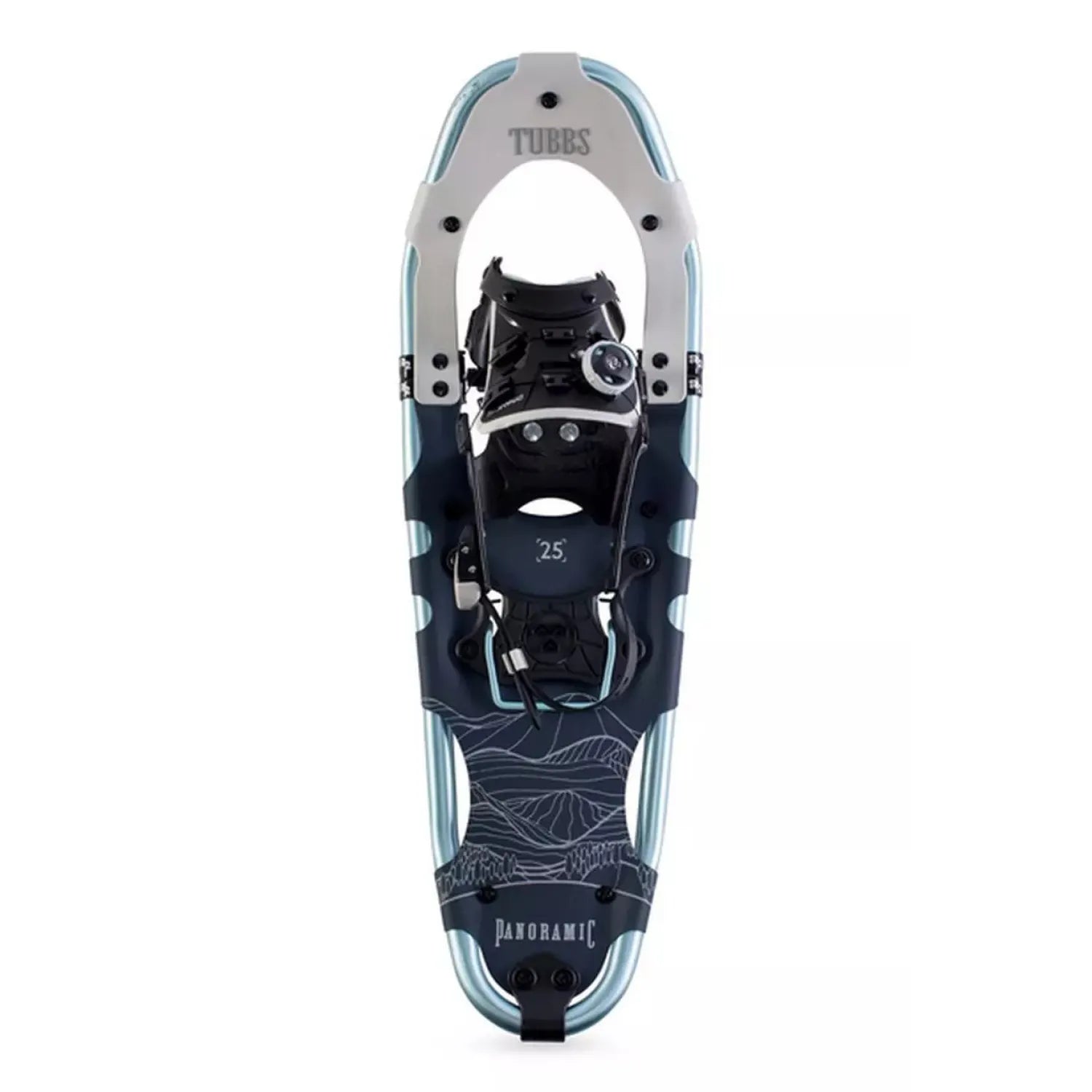 Tubbs Women's Panoramic 30" Snowshoe in Ice Blue and Grey, front view.