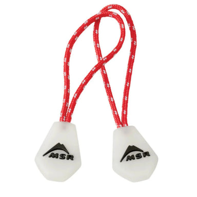 MSR Night Glow Zipper Pulls. Red cord with glow-in-the-dark pull tabs with MSR logo.