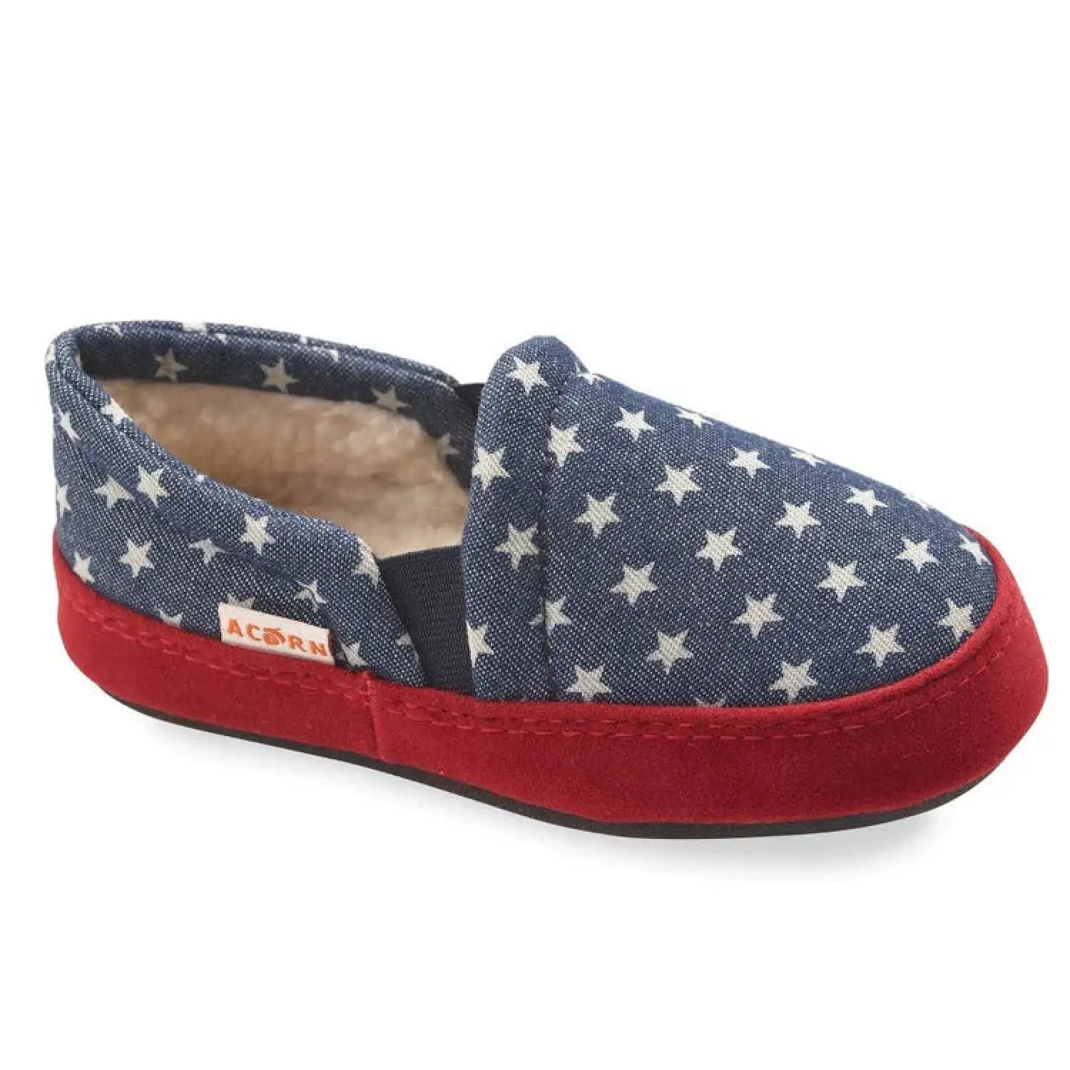 Acorn Kid’s Colby Gore Moccasins navy with white stars and red sole trim