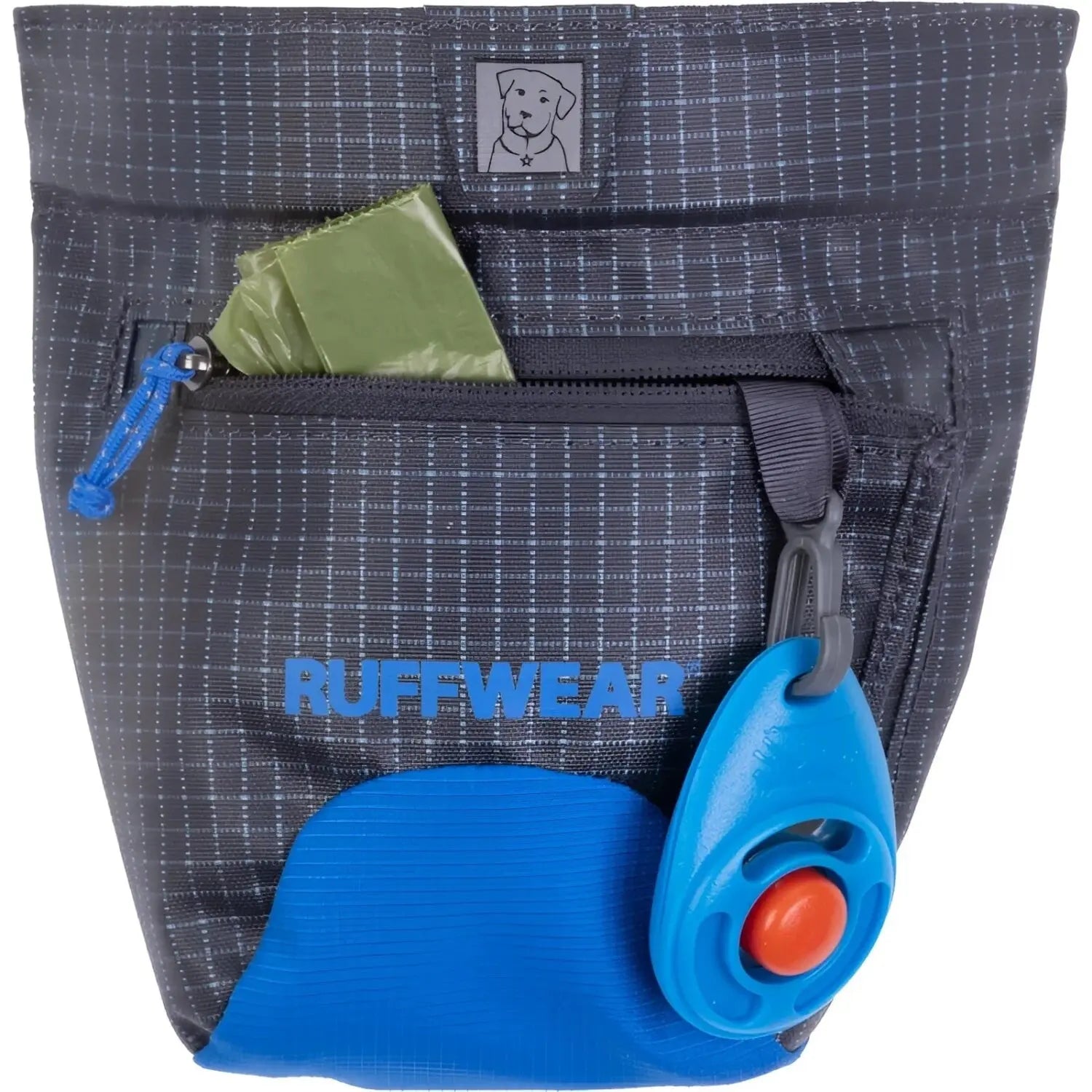 Ruffwear Treat Trader Pouch in pool blue, packed front view