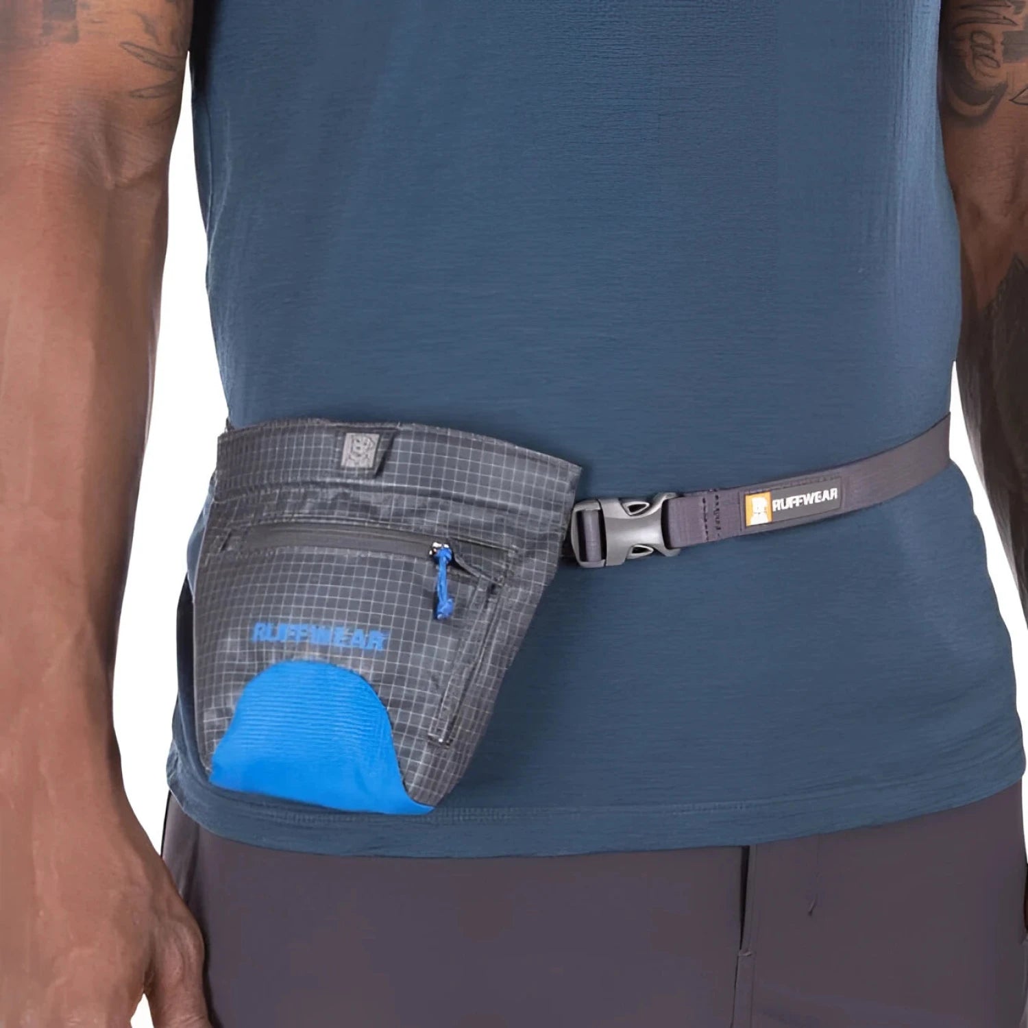 Ruffwear Treat Trader Pouch in pool blue, on model waist view