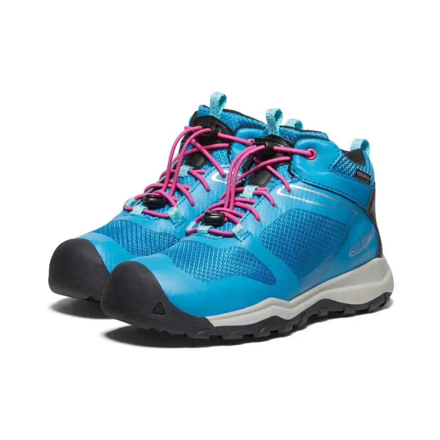 Keen's Wanduro Waterproof Boot in Fjord Blue with fuchsia pull laces. A pair shown from the front at an angle.