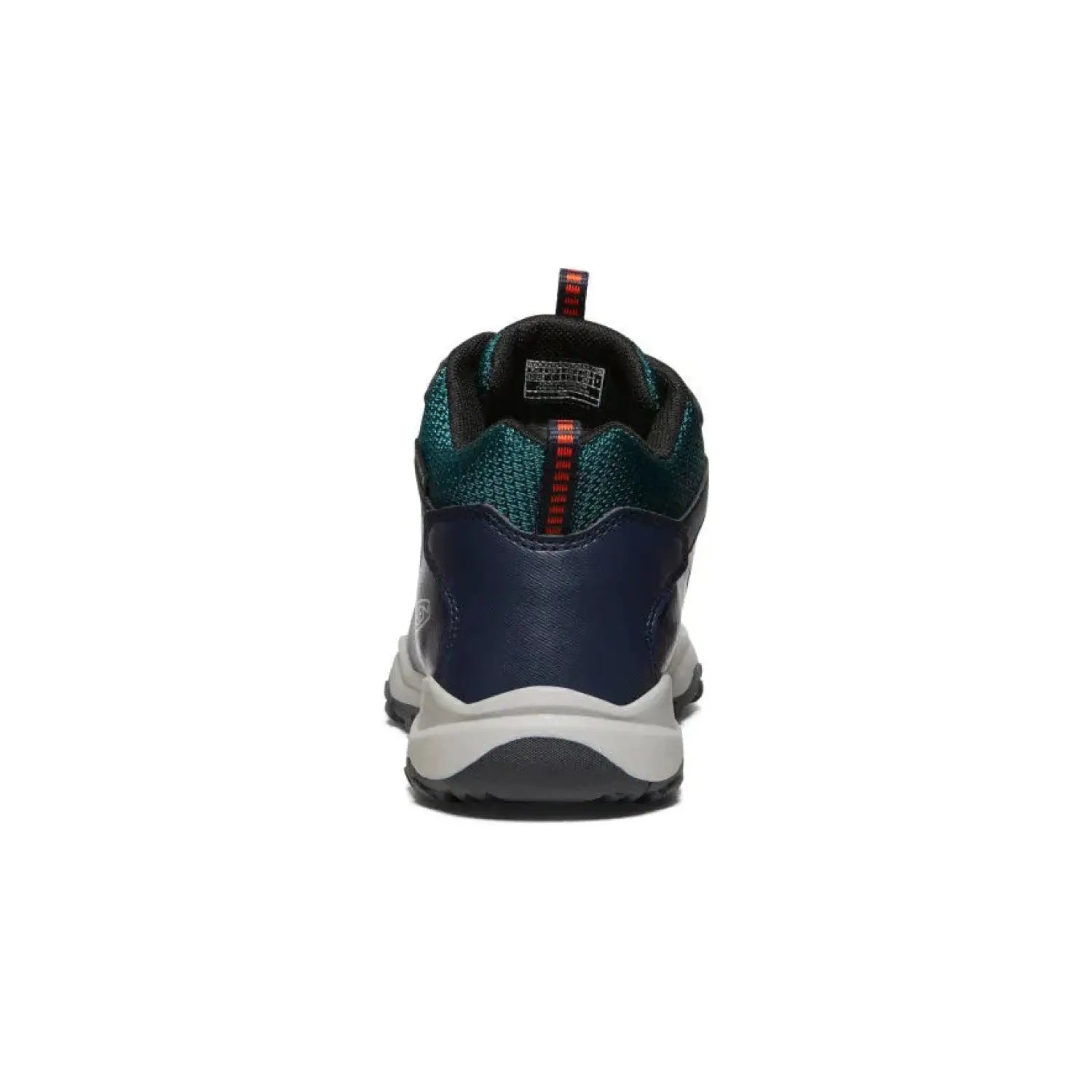 Keen's Wanduro Waterproof Boot in Sky Captain blue and Sea Moss green, red lace eyelets and black pull laces. Back View.