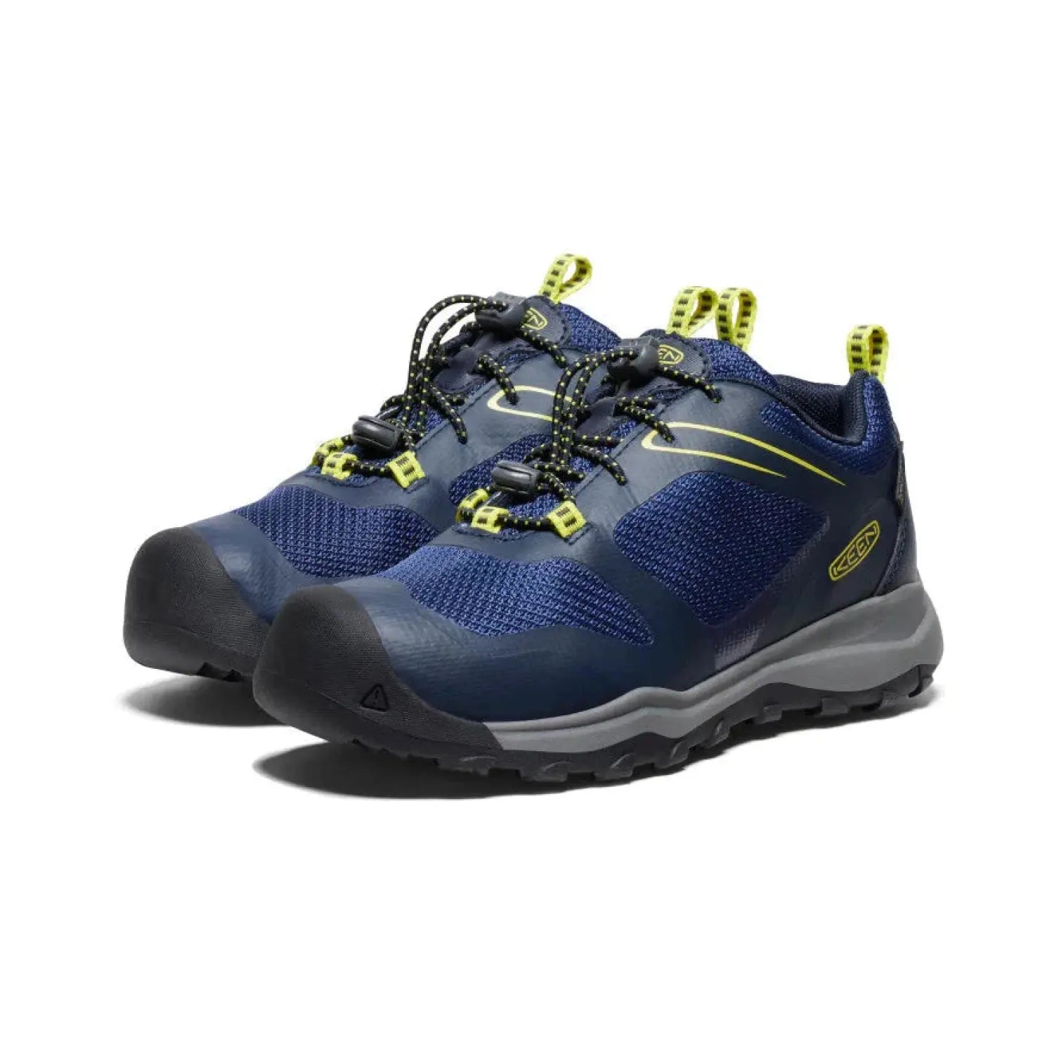Keen Wanduro Waterproof Shoe in Sky Captain blue and Evening blue with pull laces. Shown as a pair at an angle.