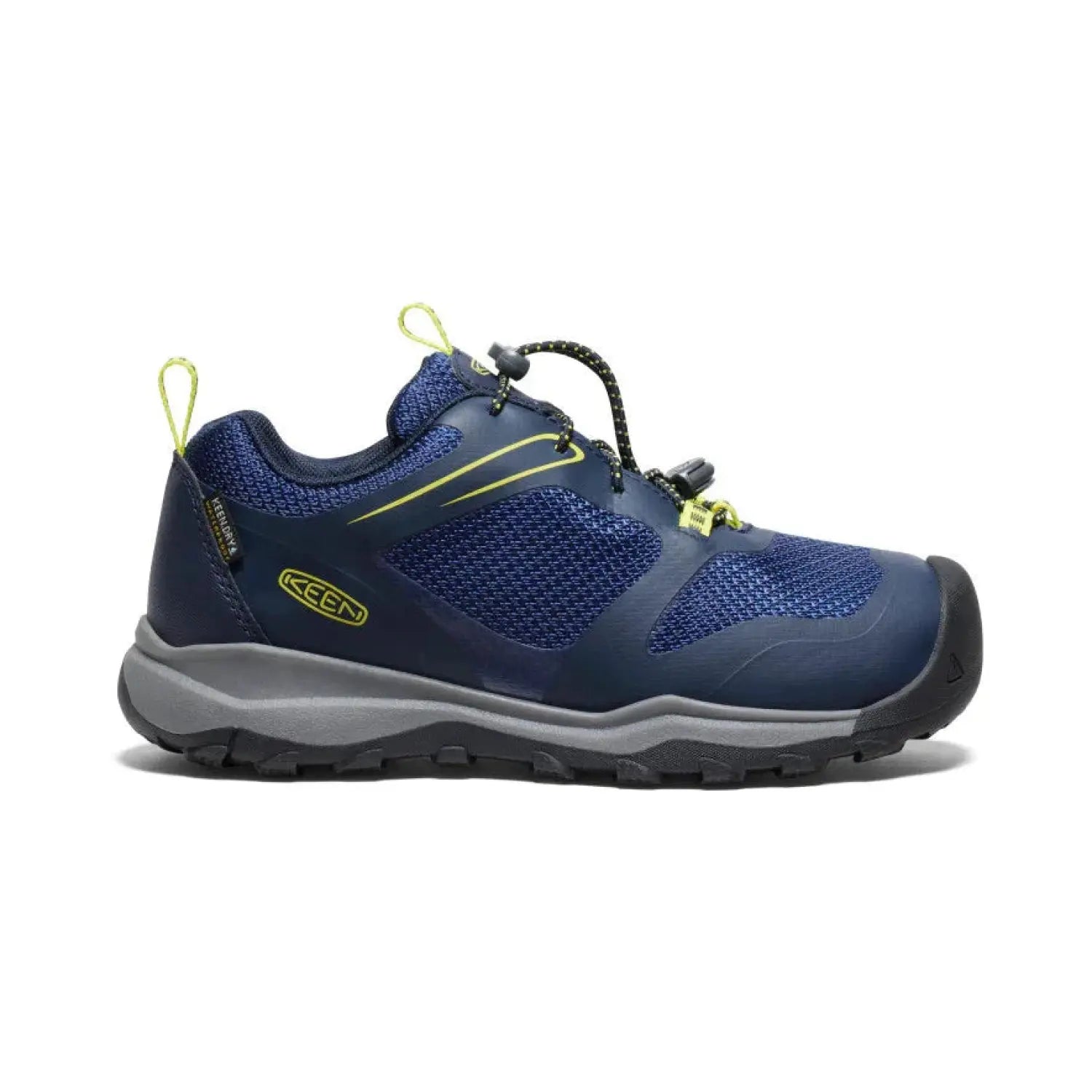 Keen Wanduro Waterproof Shoe in Sky Captain blue and Evening blue with pull laces. Side View.