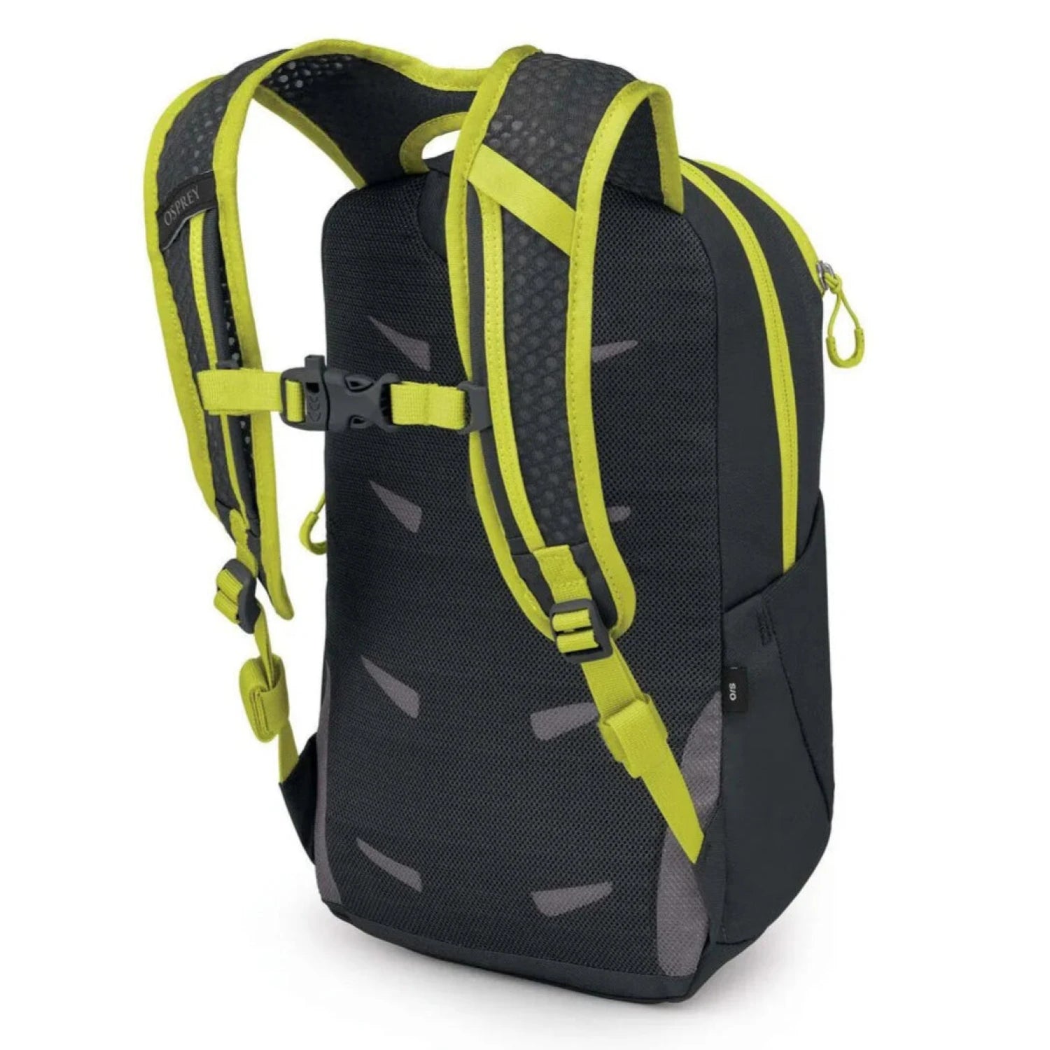 Osprey's Daylite Jr. Pack in hotspot black & lemongrass, back view
