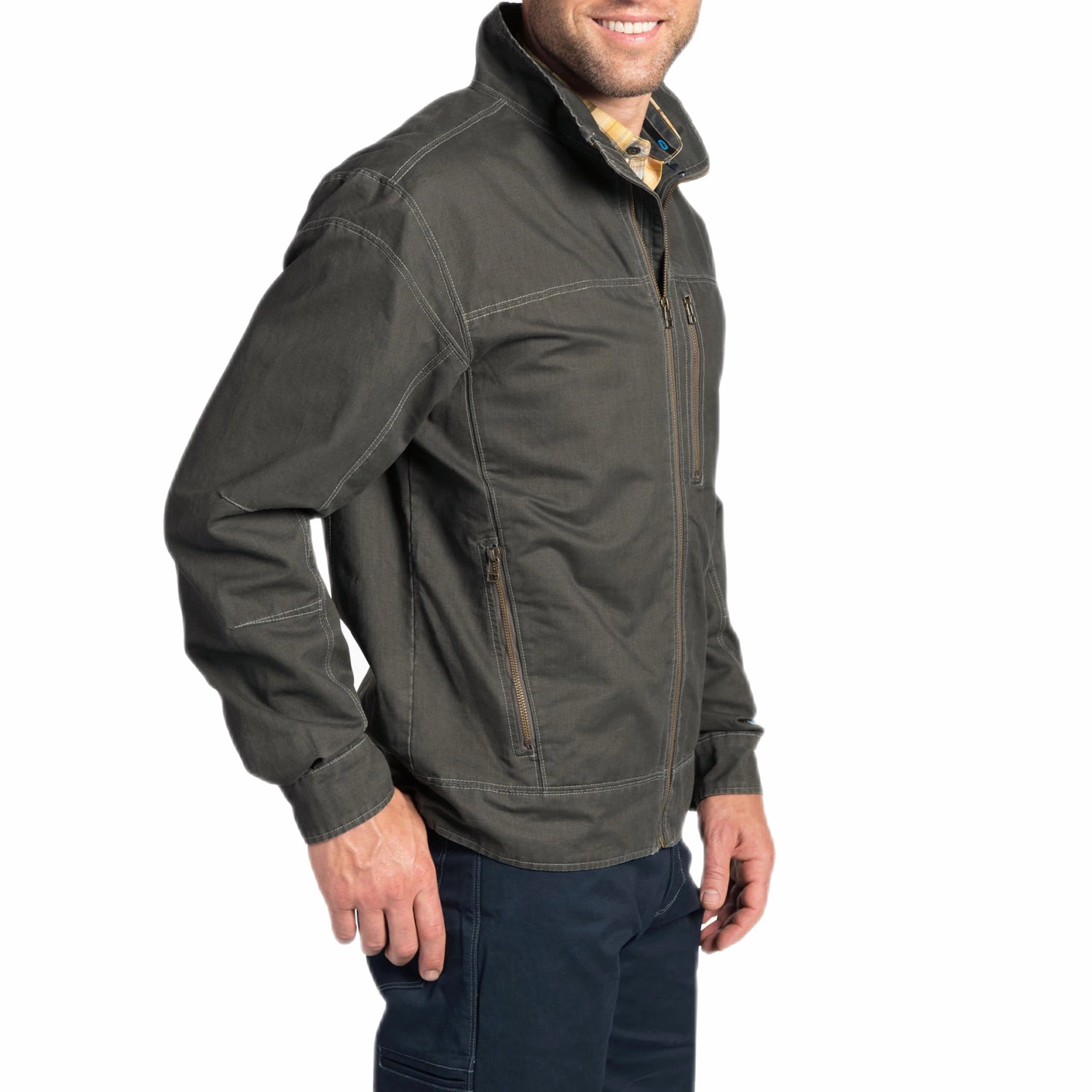 KÜHL Men's BURR™ Jacket in gunmetal, on model side view