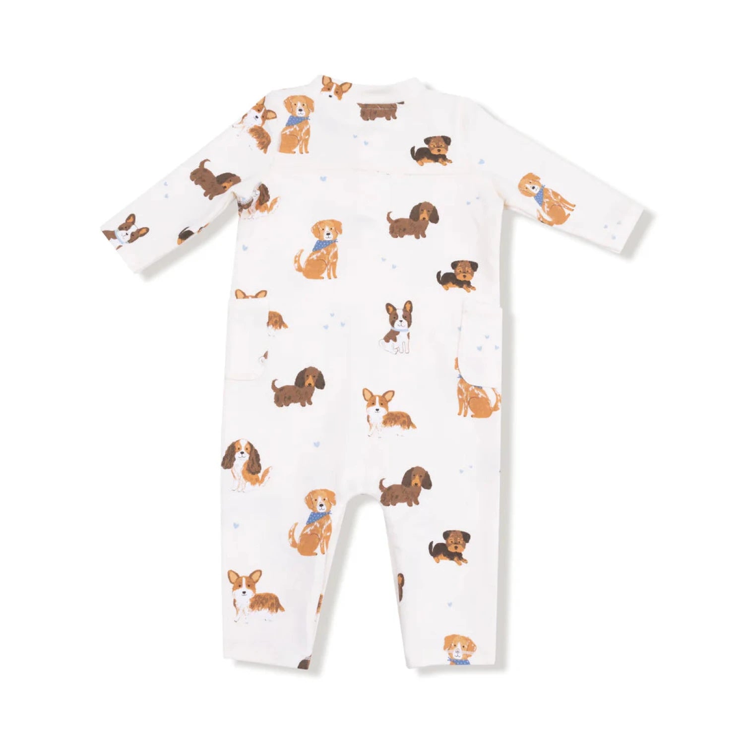 Angel Dear Baby Uni Romper in ivory & best friend dogs, flat back view