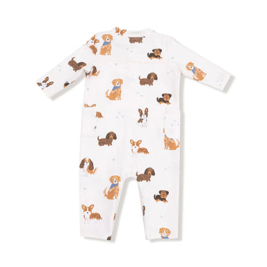 Angel Dear Baby Uni Romper in ivory & best friend dogs, flat back view
