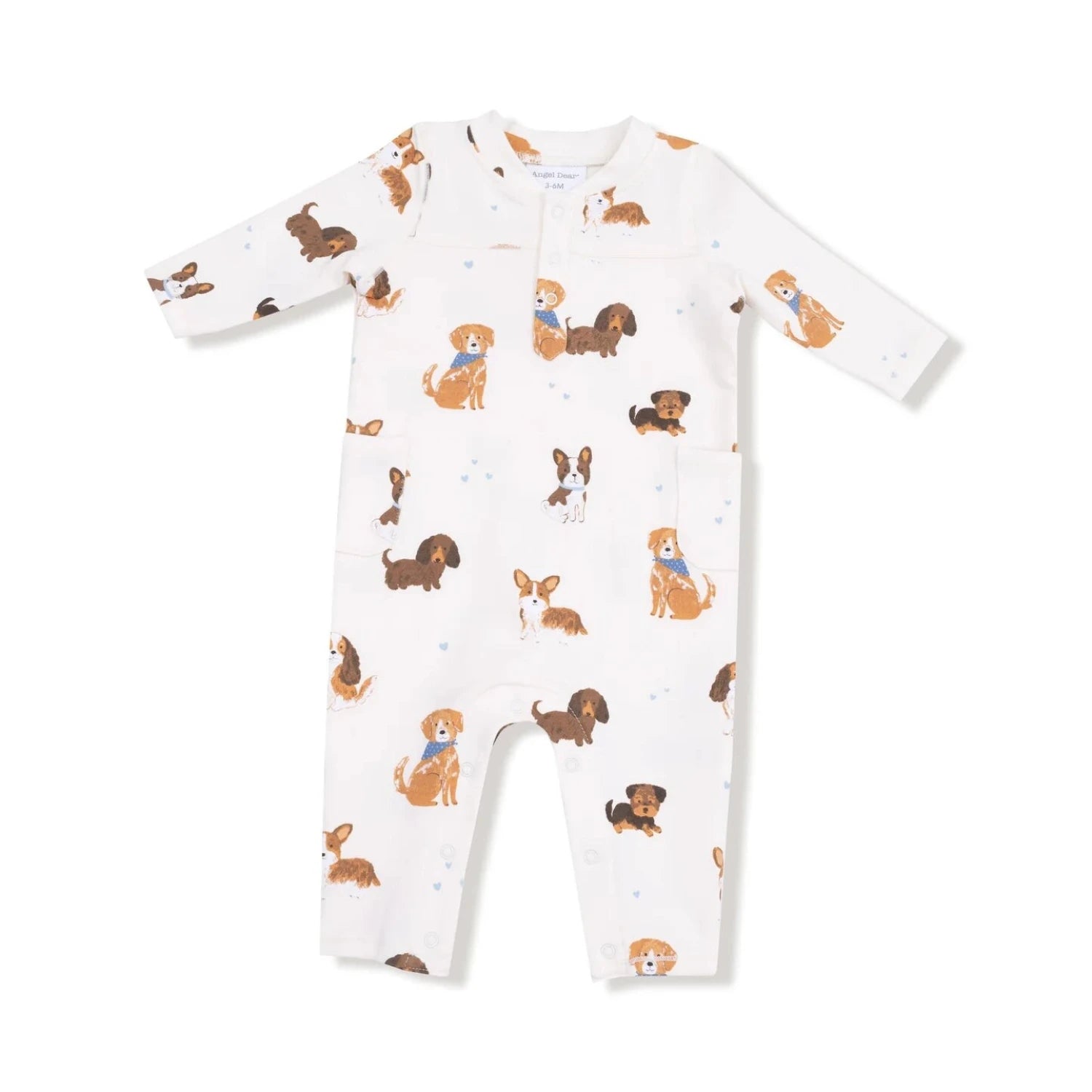 Angel Dear Baby Uni Romper in ivory & best friend dogs, flat front view