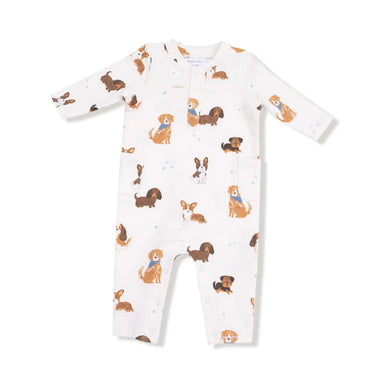 Angel Dear Baby Uni Romper in ivory & best friend dogs, flat front view