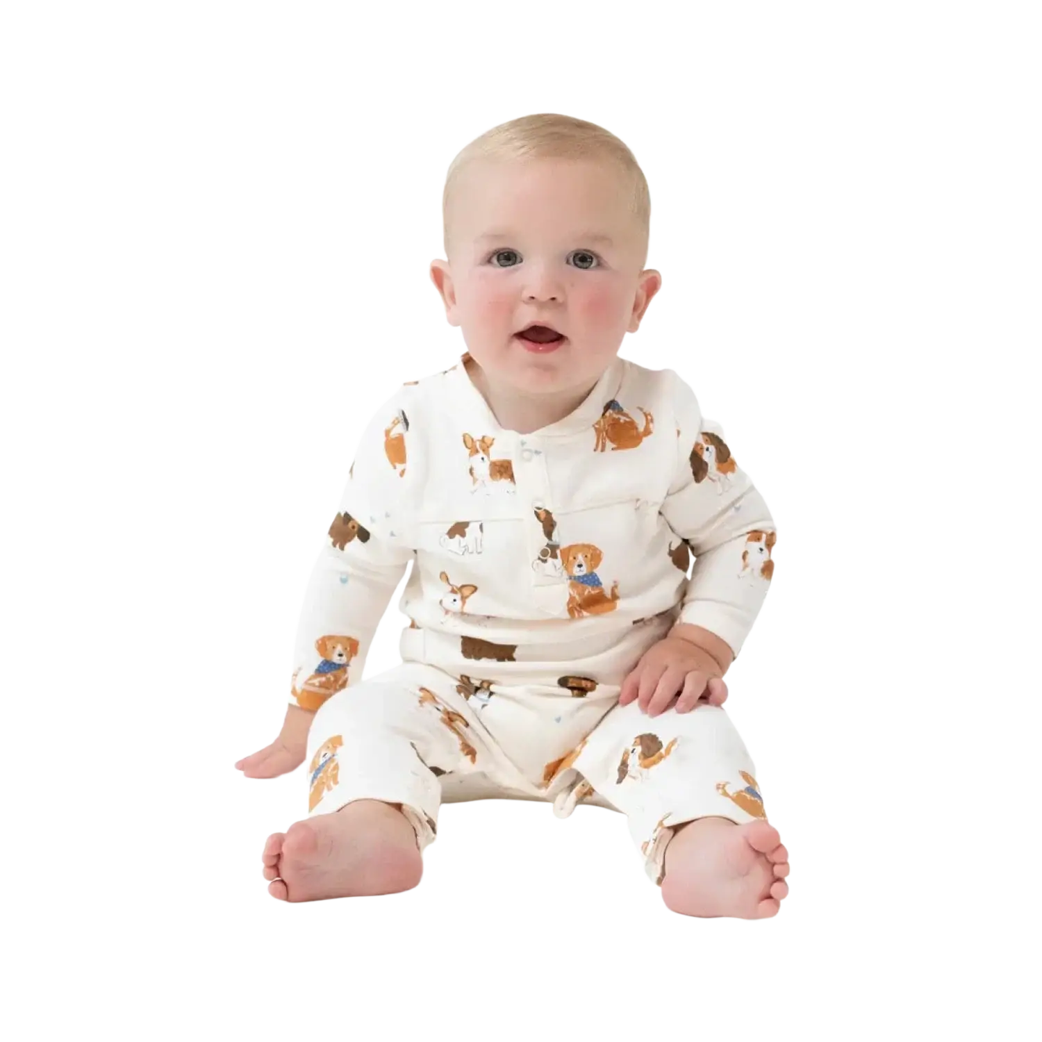 Angel Dear Baby Uni Romper in ivory & best friend dogs, on model view