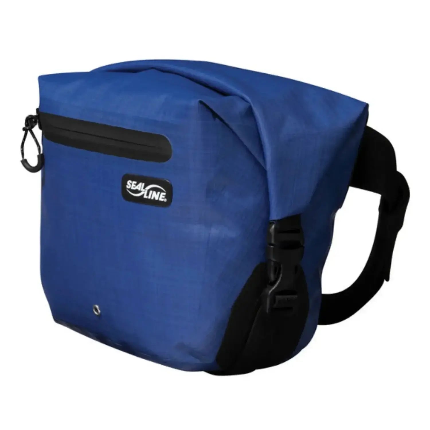 Waterproof Pak in Heather Blue with a roll top closure and zippered second compartment. Side View.