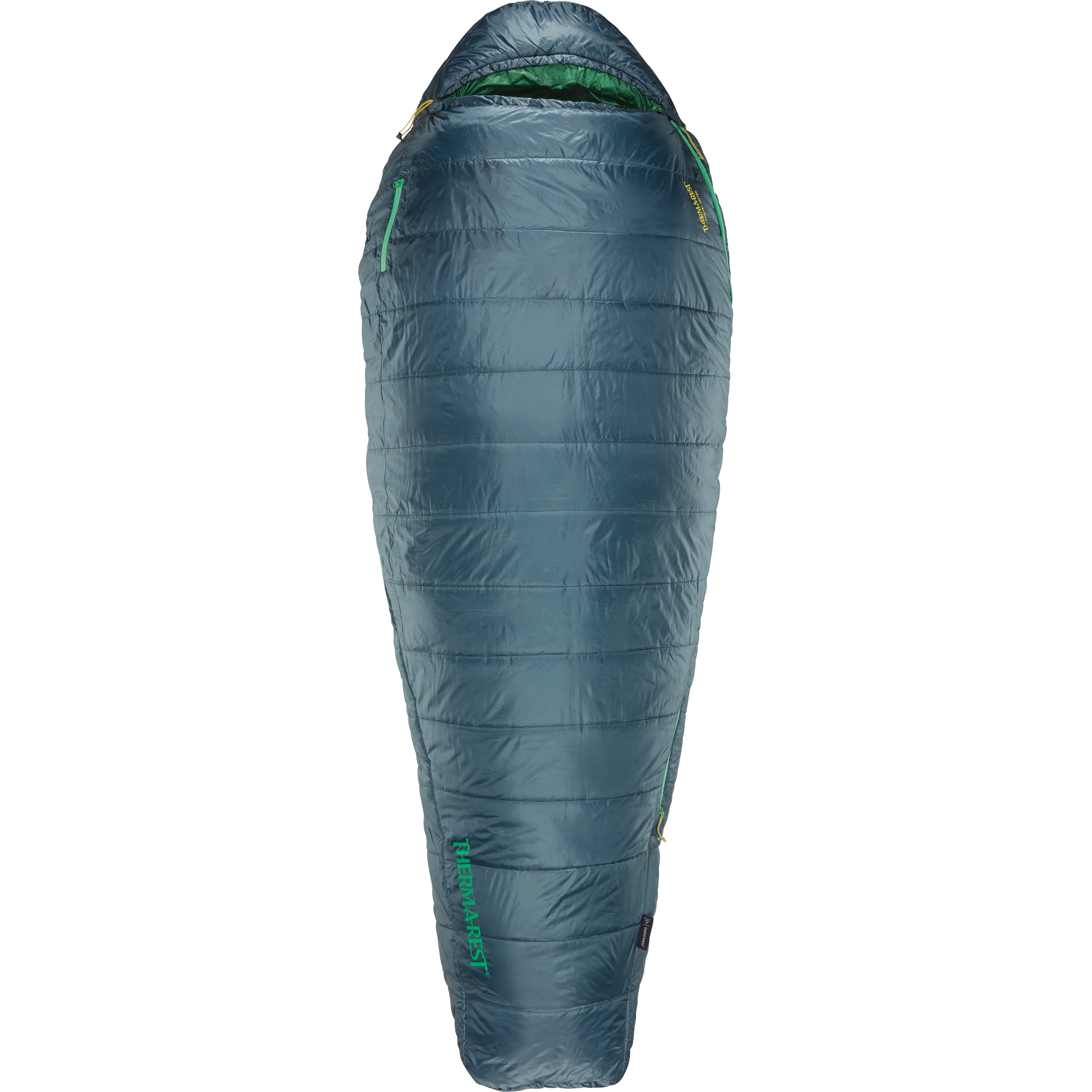 Therm-A-Rest Saros™ 32F/0C Sleeping Bag in regular size in blue with green lining, zipped up