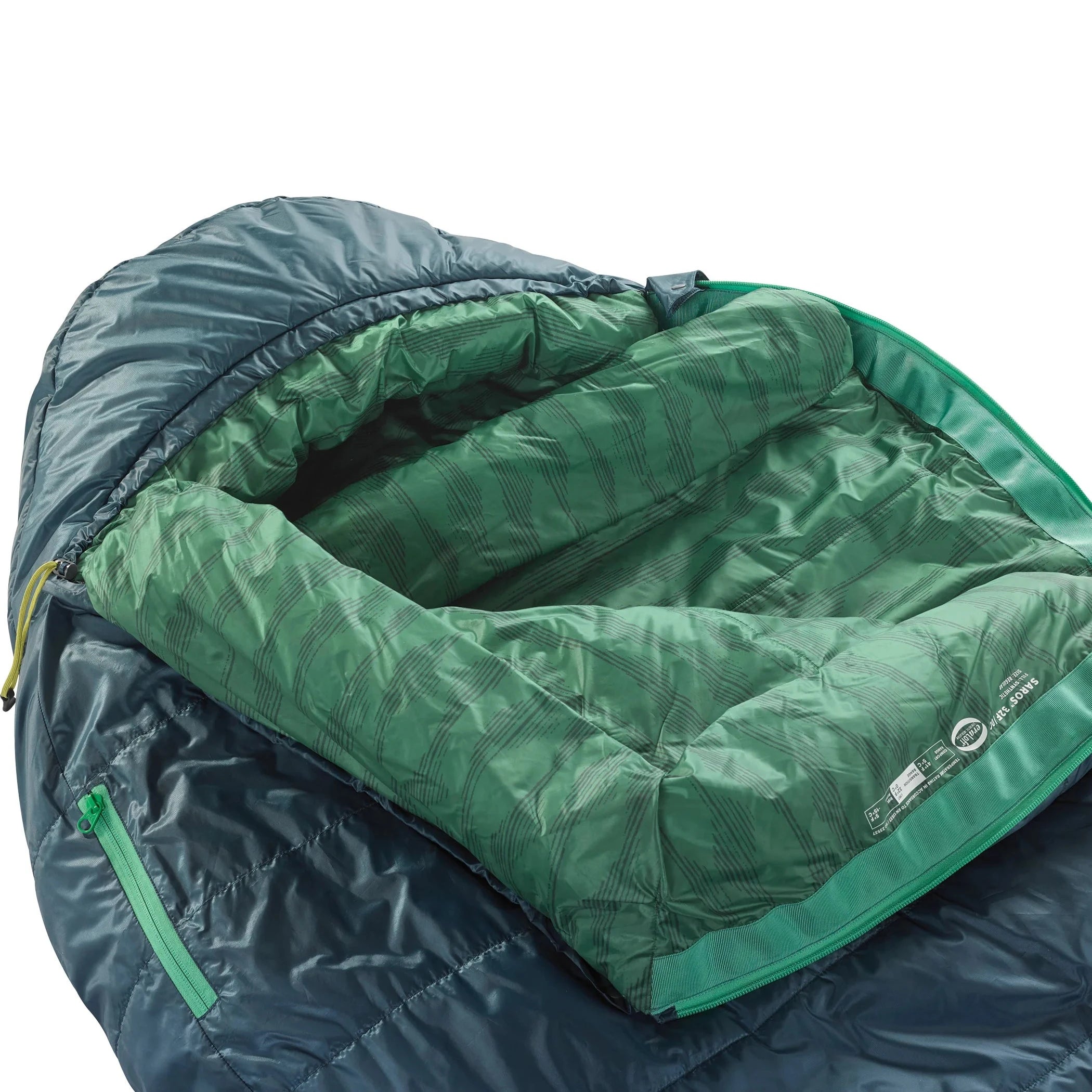 Therm-A-Rest Saros™ 32F/0C Sleeping Bag in regular size in blue with green lining, unzipped detail
