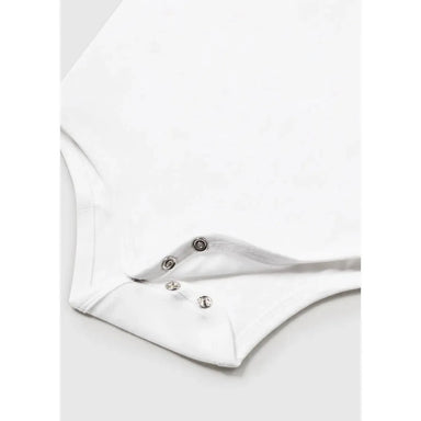 Mayoral Baby Polo Bodysuit shown in the White color option. Snap view.