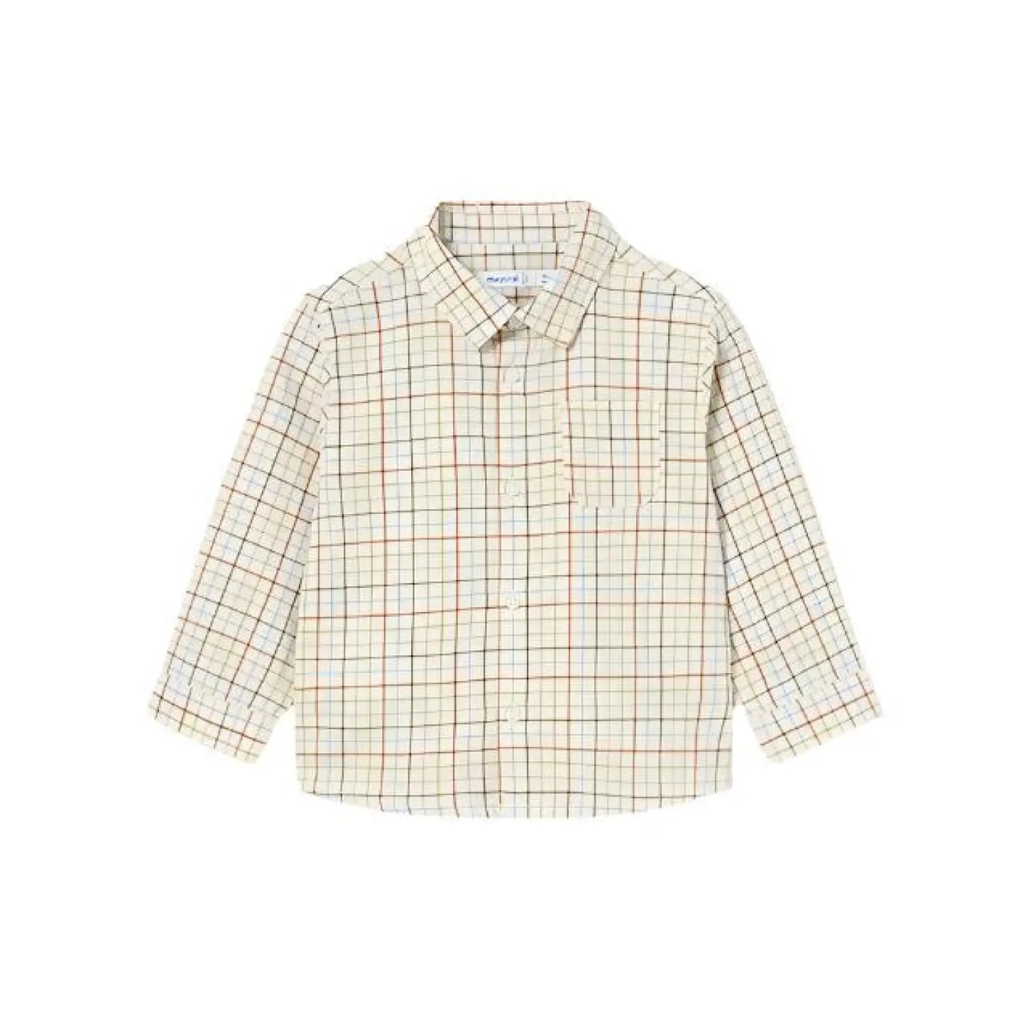 Mayoral Baby Long Sleeve Checked Button Up Shirt in cream/forest, flat front