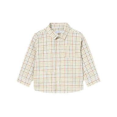 Mayoral Baby Long Sleeve Checked Button Up Shirt in cream/forest, flat front