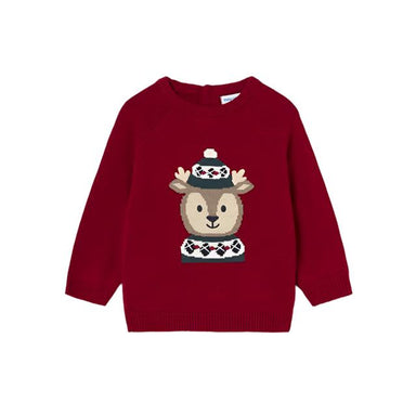 Mayoral Baby Knit Reindeer Sweater in cherry, flat front