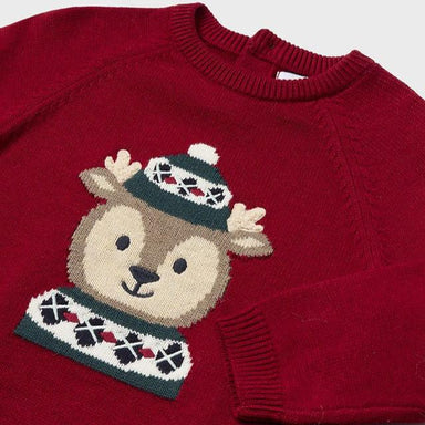 Mayoral Baby Knit Reindeer Sweater in cherry, flat front intarsia knit reindeer detail