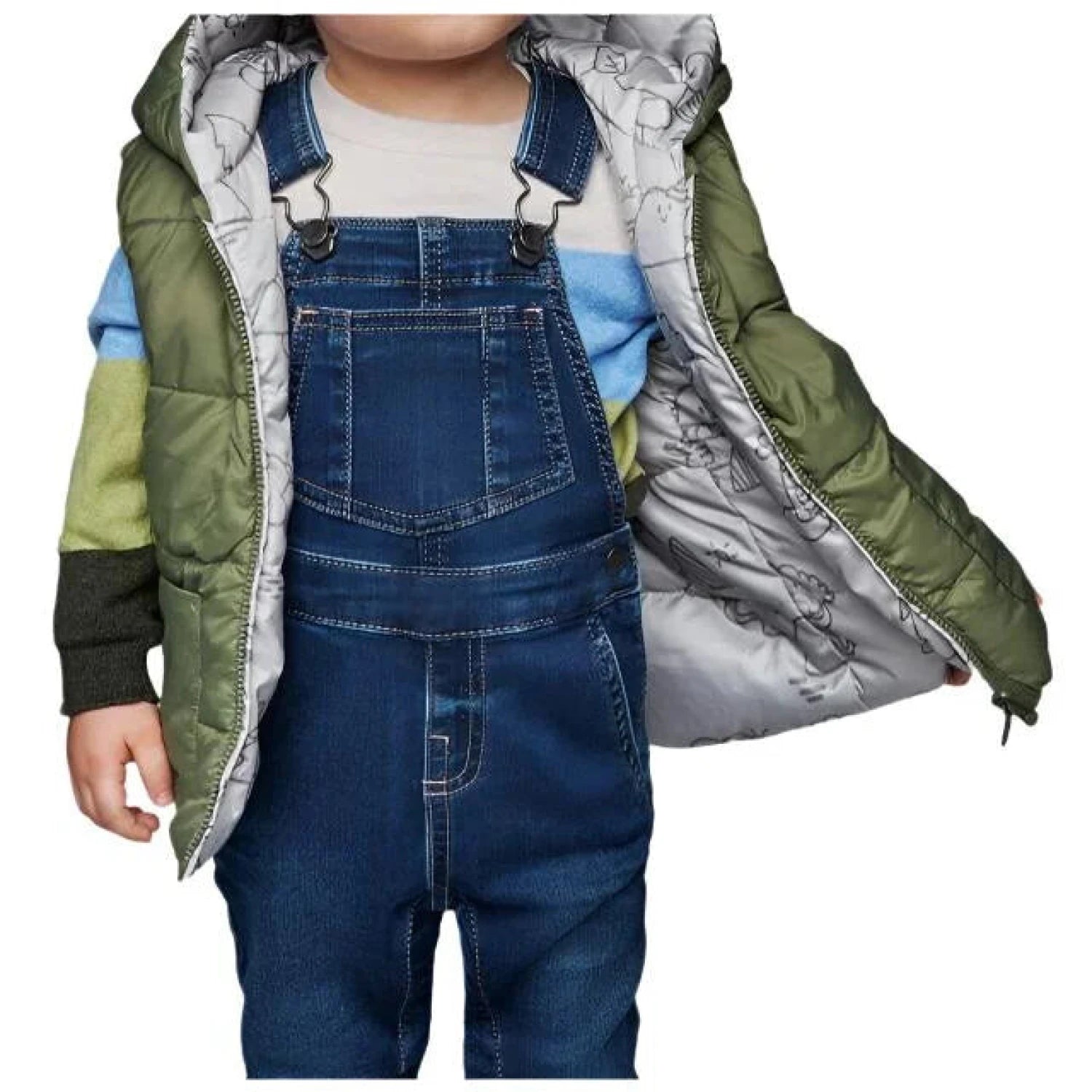 Mayoral Baby Denim Dungarees shown in the Dark Jeans color option. Front view on model.