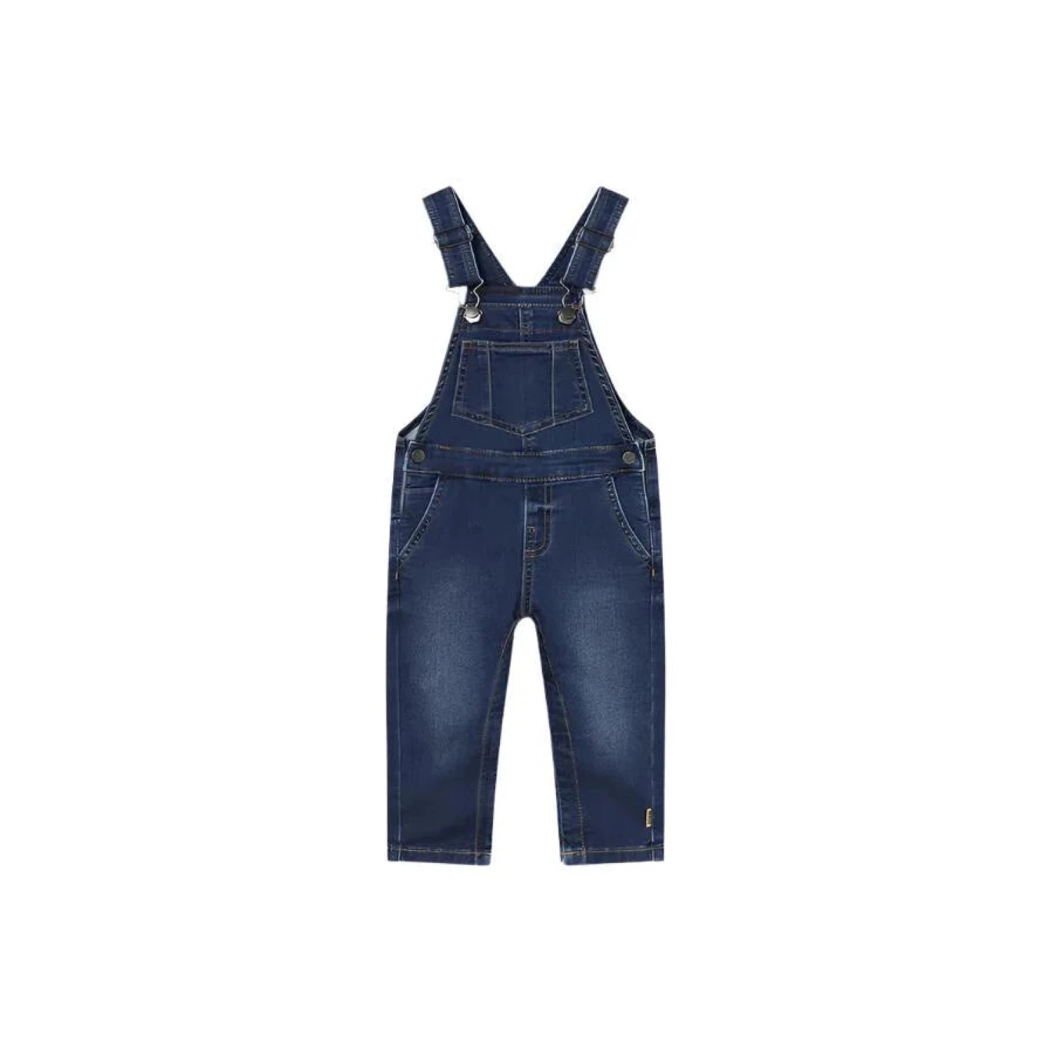 Mayoral Baby Denim Dungarees shown in the Dark Jeans color option. Front view.