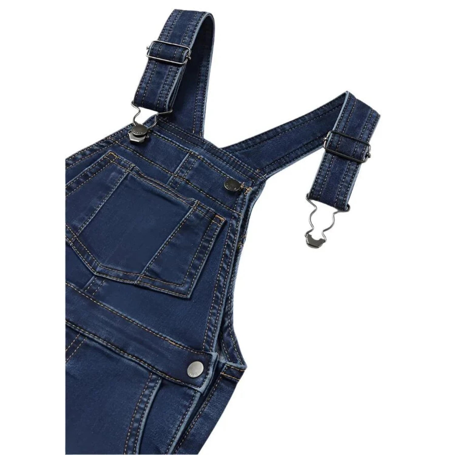 Mayoral Baby Denim Dungarees shown in the Dark Jeans color option. Clip detail. 