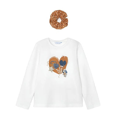 Mayoral Girl's T-Shirt with Scrunchie in white, flat front