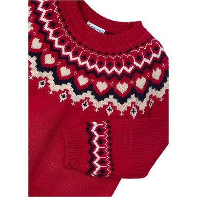 Mayoral Girl's Jacquard Border Sweater Girl shown in the Cherry color option. Front view.