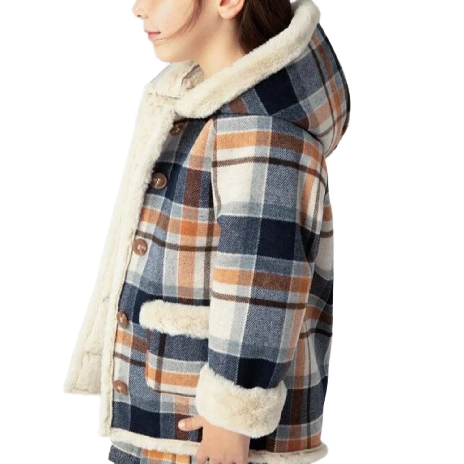 Mayoral Girl's Reversible Hooded Coat in navy plaid, on model side view