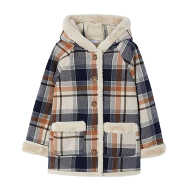 Mayoral Girl's Reversible Hooded Coat in navy plaid, flat front