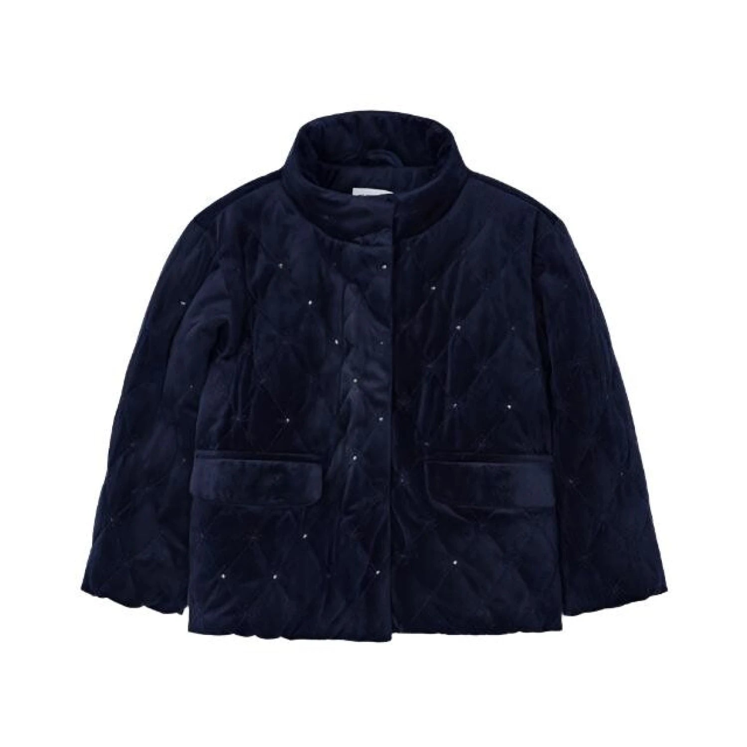 Mayoral Girl's Velvet Puffer Jacket in navy, flat front